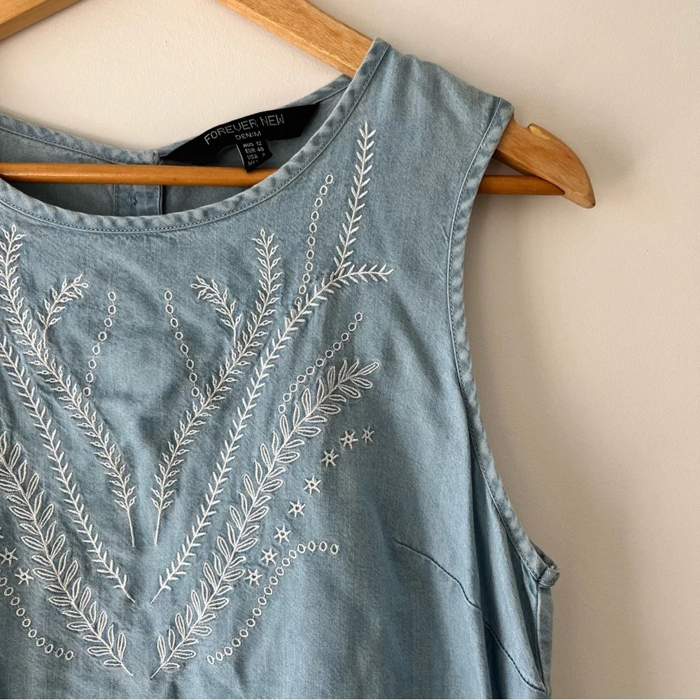 Forever New Blue Denim-like & Lace Top Size 12 - Picture 2 of 7
